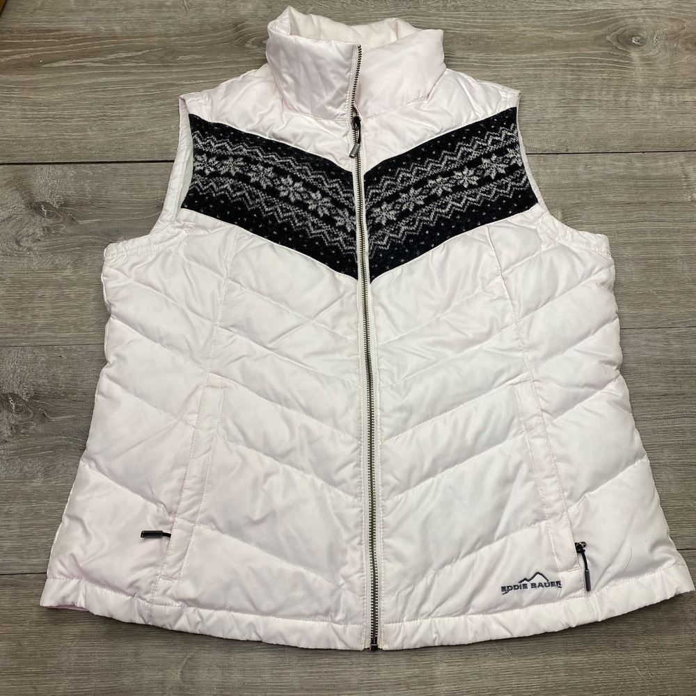 Eddie Bauer Vest Puffer Womens L Pink Goose Down Nordic Fair Isle Quilted Zip